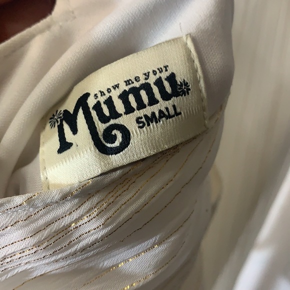 SHOW ME YOUR MUMU Deep V-Right Back White Gold Stripe Mini Dress Size S - Picture 10 of 11